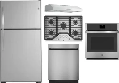 5 Piece Package Includes Refrigerator, Cooktop, Wall Oven, Hood And Dishwasher