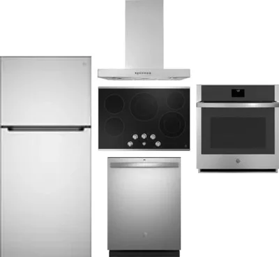 5 Piece Package Includes Refrigerator, Cooktop, Wall Oven, Hood And Dishwasher