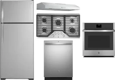5 Piece Package Includes Refrigerator, Cooktop, Wall Oven, Hood And Dishwasher