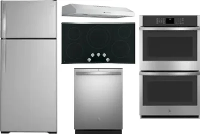 5 Piece Package Includes Refrigerator, Cooktop, Wall Oven, Hood And Dishwasher