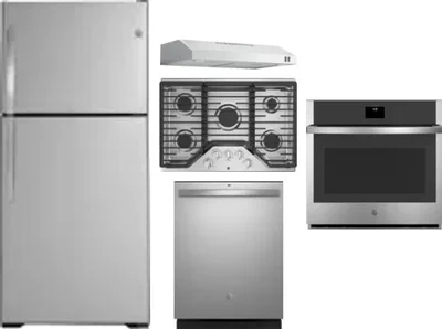 5 Piece Package Includes Refrigerator, Cooktop, Wall Oven, Hood And Dishwasher