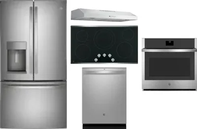 5 Piece Package Includes Refrigerator, Cooktop, Wall Oven, Hood And Dishwasher
