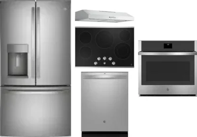 5 Piece Package Includes Refrigerator, Cooktop, Wall Oven, Hood And Dishwasher