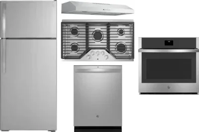 5 Piece Package Includes Refrigerator, Cooktop, Wall Oven, Hood And Dishwasher