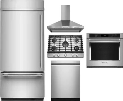 5 Piece Package Includes Refrigerator, Cooktop, Wall Oven, Hood And Dishwasher
