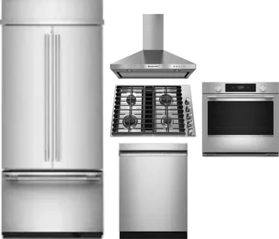 5 Piece Package Includes Refrigerator, Cooktop, Wall Oven, Hood And Dishwasher