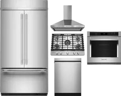 5 Piece Package Includes Refrigerator, Cooktop, Wall Oven, Hood And Dishwasher