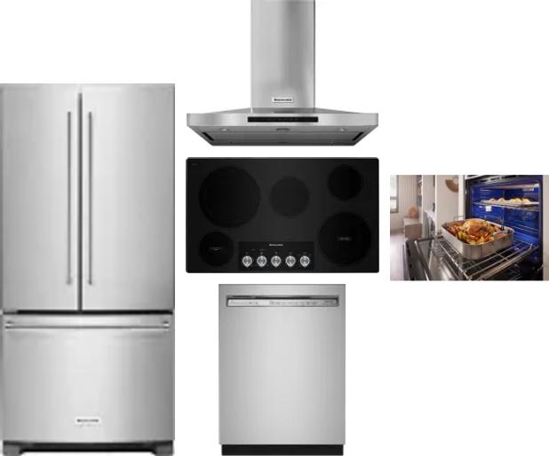 5 Piece Package Includes Refrigerator, Cooktop, Wall Oven, Hood And Dishwasher