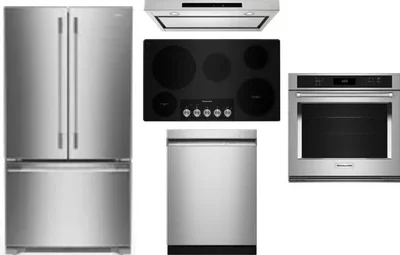 5 Piece Package Includes Refrigerator, Cooktop, Wall Oven, Hood And Dishwasher