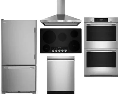 5 Piece Package Includes Refrigerator, Cooktop, Wall Oven, Hood And Dishwasher