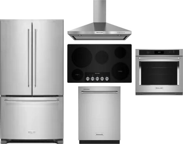 5 Piece Package Includes Refrigerator, Cooktop, Wall Oven, Hood And Dishwasher