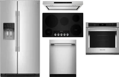5 Piece Package Includes Refrigerator, Cooktop, Wall Oven, Hood And Dishwasher