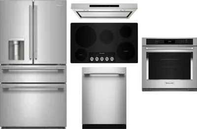 5 Piece Package Includes Refrigerator, Cooktop, Wall Oven, Hood And Dishwasher
