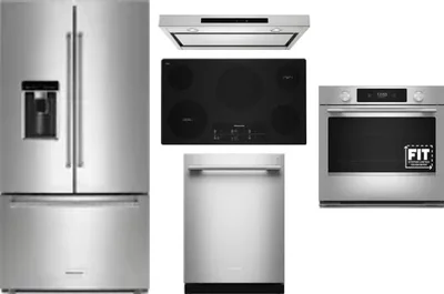 5 Piece Package Includes Refrigerator, Cooktop, Wall Oven, Hood And Dishwasher