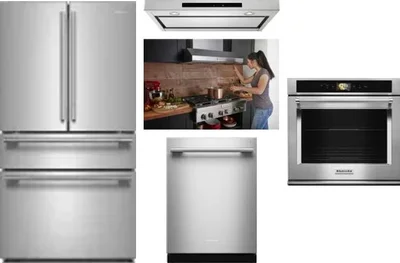 5 Piece Package Includes Refrigerator, Cooktop, Wall Oven, Hood And Dishwasher