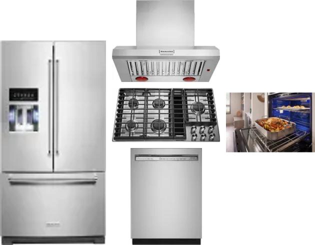 5 Piece Package Includes Refrigerator, Cooktop, Wall Oven, Hood And Dishwasher