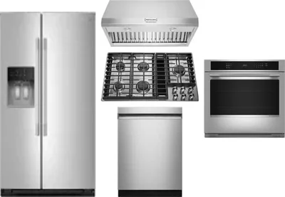 5 Piece Package Includes Refrigerator, Cooktop, Wall Oven, Hood And Dishwasher