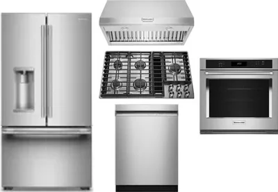 5 Piece Package Includes Refrigerator, Cooktop, Wall Oven, Hood And Dishwasher