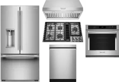 5 Piece Package Includes Refrigerator, Cooktop, Wall Oven, Hood And Dishwasher