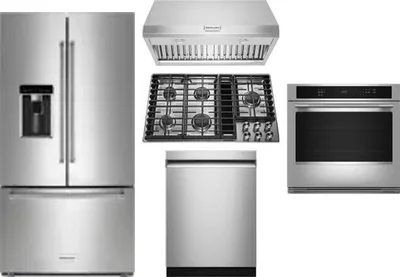 5 Piece Package Includes Refrigerator, Cooktop, Wall Oven, Hood And Dishwasher