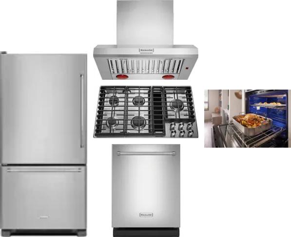 5 Piece Package Includes Refrigerator, Cooktop, Wall Oven, Hood And Dishwasher
