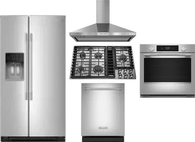 5 Piece Package Includes Refrigerator, Cooktop, Wall Oven, Hood And Dishwasher