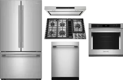 5 Piece Package Includes Refrigerator, Cooktop, Wall Oven, Hood And Dishwasher