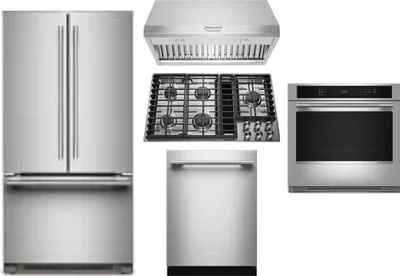 5 Piece Package Includes Refrigerator, Cooktop, Wall Oven, Hood And Dishwasher