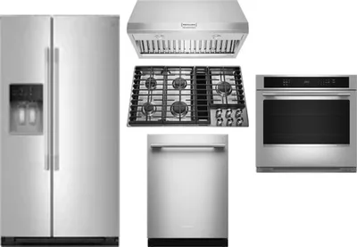 5 Piece Package Includes Refrigerator, Cooktop, Wall Oven, Hood And Dishwasher