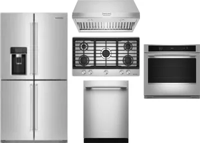 5 Piece Package Includes Refrigerator, Cooktop, Wall Oven, Hood And Dishwasher
