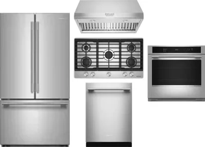 5 Piece Package Includes Refrigerator, Cooktop, Wall Oven, Hood And Dishwasher
