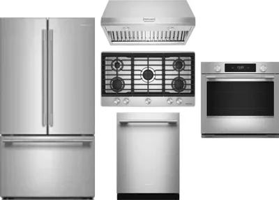 5 Piece Package Includes Refrigerator, Cooktop, Wall Oven, Hood And Dishwasher