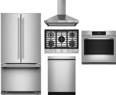 5 Piece Package Includes Refrigerator, Cooktop, Wall Oven, Hood And Dishwasher