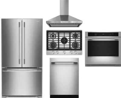 5 Piece Package Includes Refrigerator, Cooktop, Wall Oven, Hood And Dishwasher