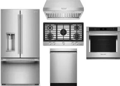5 Piece Package Includes Refrigerator, Cooktop, Wall Oven, Hood And Dishwasher
