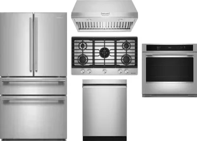 5 Piece Package Includes Refrigerator, Cooktop, Wall Oven, Hood And Dishwasher