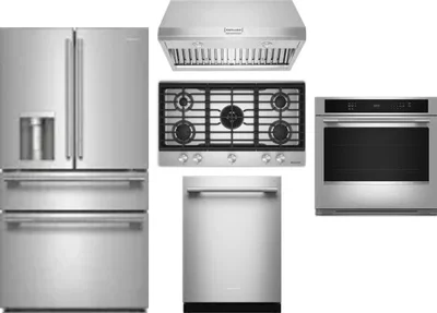 5 Piece Package Includes Refrigerator, Cooktop, Wall Oven, Hood And Dishwasher