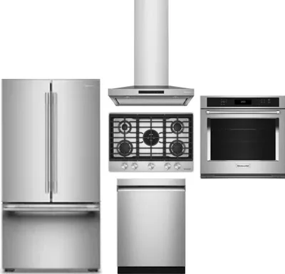 5 Piece Package Includes Refrigerator, Cooktop, Wall Oven, Hood And Dishwasher