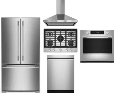 5 Piece Package Includes Refrigerator, Cooktop, Wall Oven, Hood And Dishwasher