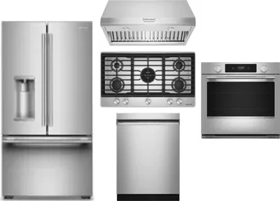 5 Piece Package Includes Refrigerator, Cooktop, Wall Oven, Hood And Dishwasher