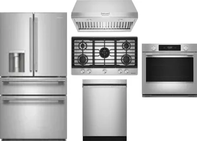 5 Piece Package Includes Refrigerator, Cooktop, Wall Oven, Hood And Dishwasher