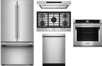 5 Piece Package Includes Refrigerator, Cooktop, Wall Oven, Hood And Dishwasher
