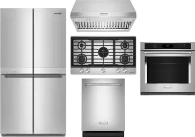 5 Piece Package Includes Refrigerator, Cooktop, Wall Oven, Hood And Dishwasher