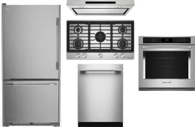 5 Piece Package Includes Refrigerator, Cooktop, Wall Oven, Hood And Dishwasher