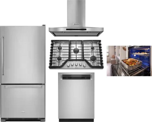 5 Piece Package Includes Refrigerator, Cooktop, Wall Oven, Hood And Dishwasher