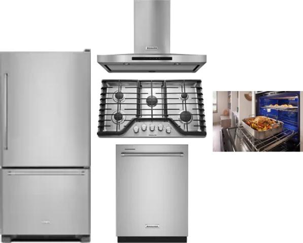 5 Piece Package Includes Refrigerator, Cooktop, Wall Oven, Hood And Dishwasher