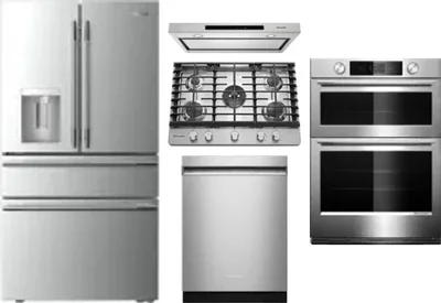 5 Piece Package Includes Refrigerator, Cooktop, Wall Oven, Hood And Dishwasher