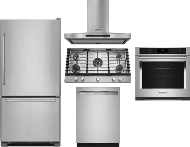 5 Piece Package Includes Refrigerator, Cooktop, Wall Oven, Hood And Dishwasher