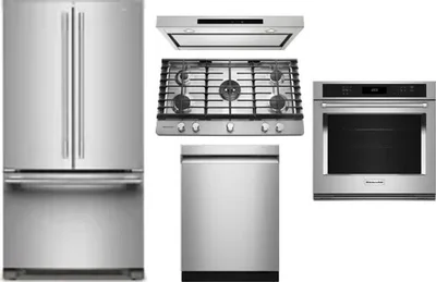 5 Piece Package Includes Refrigerator, Cooktop, Wall Oven, Hood And Dishwasher