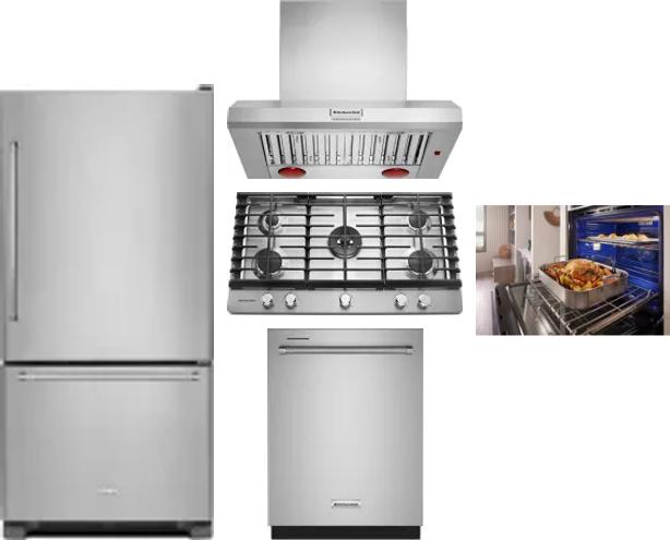 5 Piece Package Includes Refrigerator, Cooktop, Wall Oven, Hood And Dishwasher
